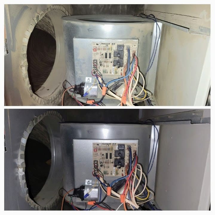 Furnace cleaning before and after, with a clean motor and components, improving airflow and energy efficiency.