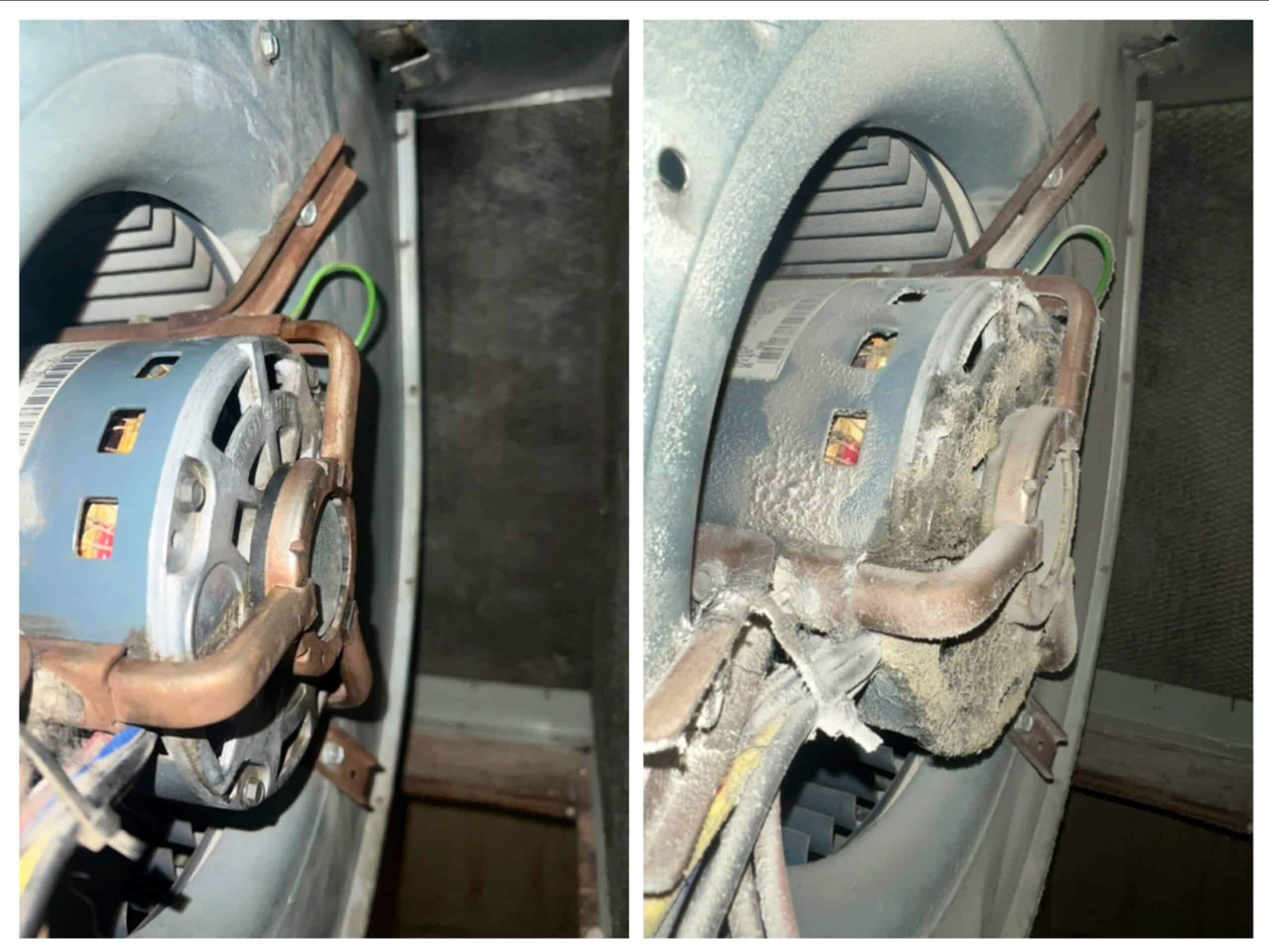 Furnace cleaning before and after showing significant dirt removal from the motor