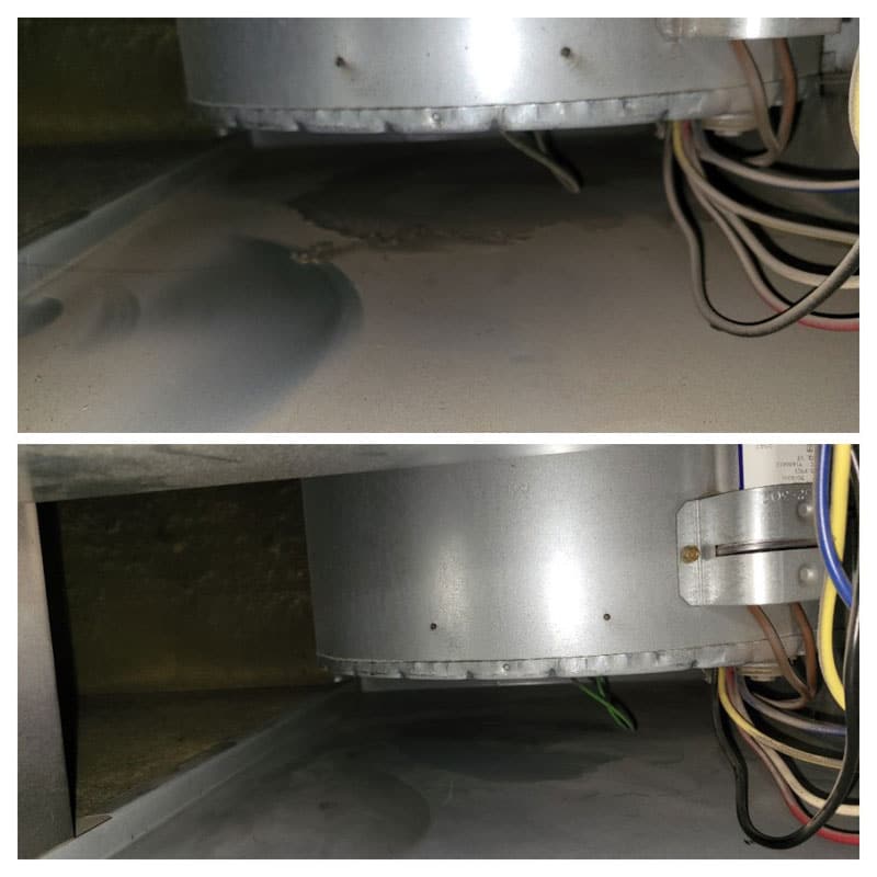 Before and after furnace cleaning showing dust and grime removal